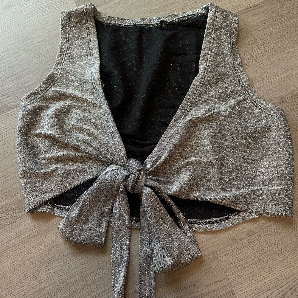 Zara Metallic Silver Tie-Front Tank Top